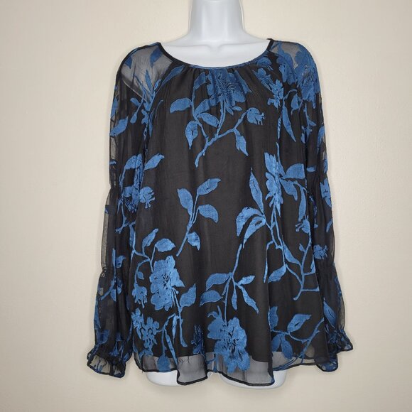 Blue black semi sheer flower print moody whimsigoth long sleeve elegant top med - Picture 1 of 7